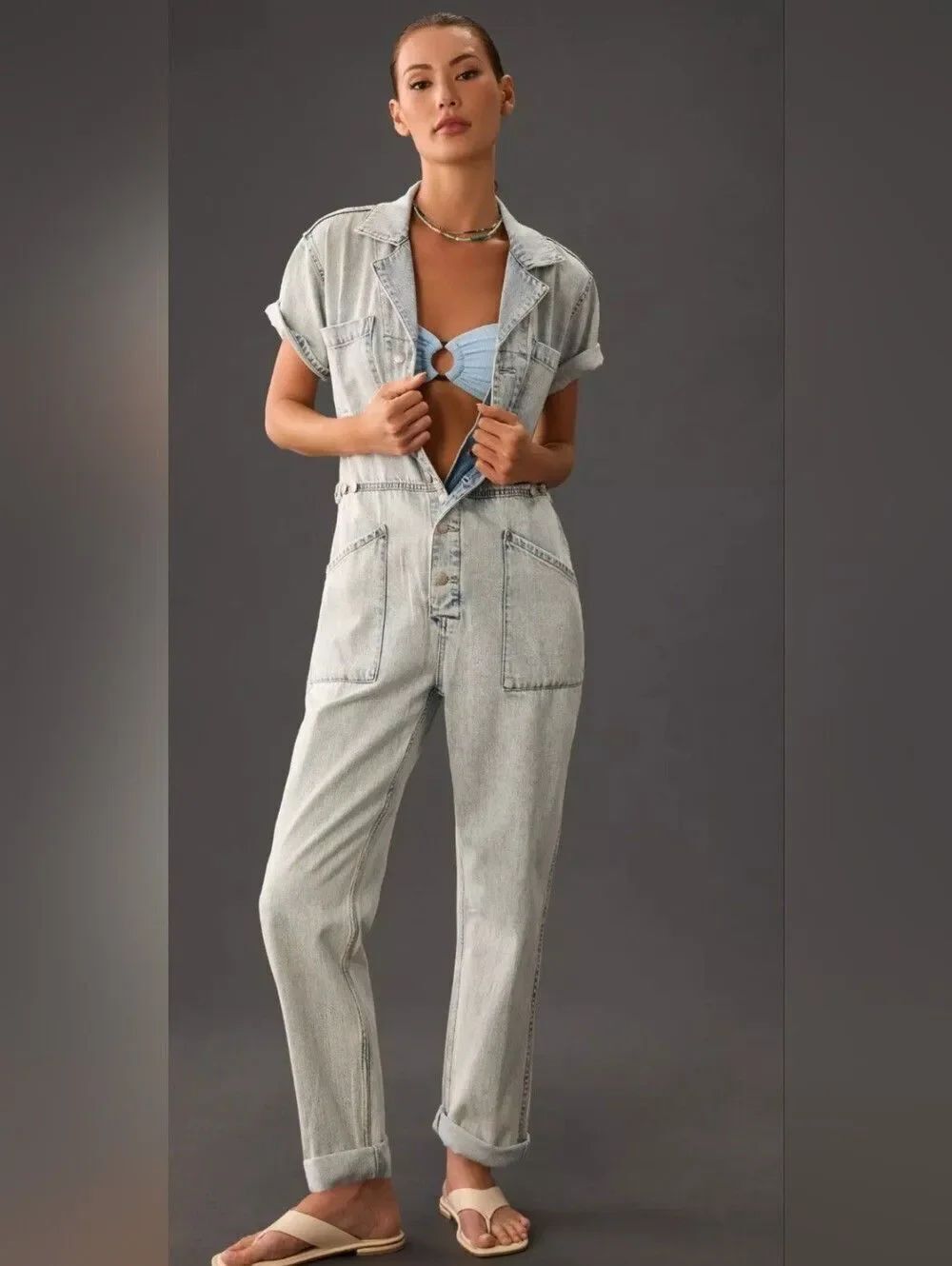 Skies Are Blue Light Blue Denim Short-Sleeve Jumpsuit. Size 1X. EUC